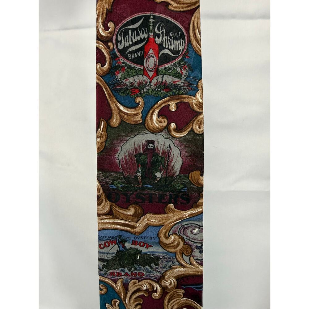 Vintage Tabasco Silk Novelty Tie Cowboy Oyster Shrimp Baroque Necktie